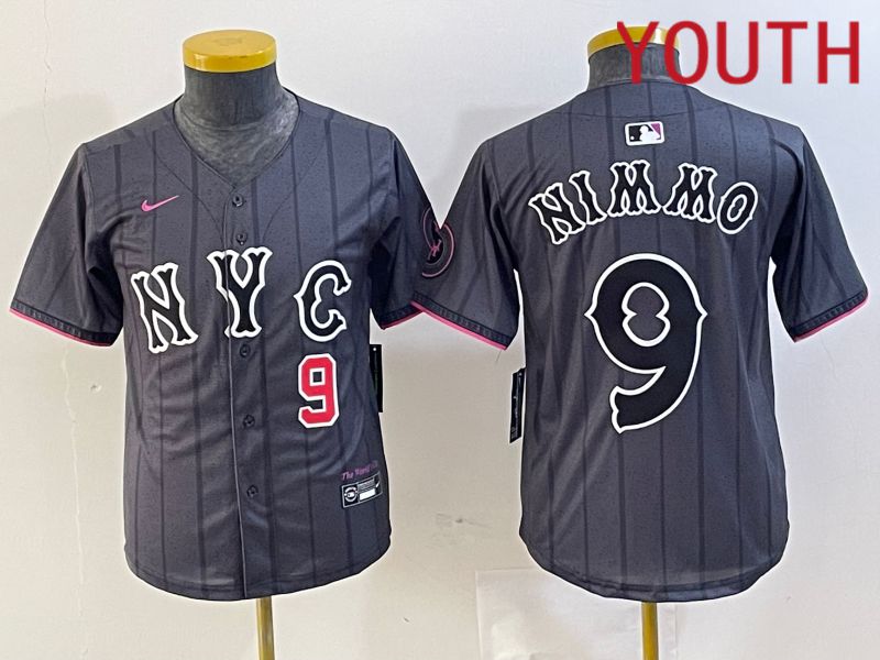 Youth New York Mets 9 Nimmo Black City Edition 2024 Nike MLB Jersey style 2